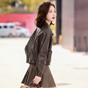 气质皮夹克短款 流行咖色翻领皮衣外套女2025春秋新款 超火机车上衣