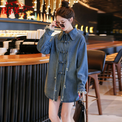 复古翻领长流苏盘扣牛仔衬衫