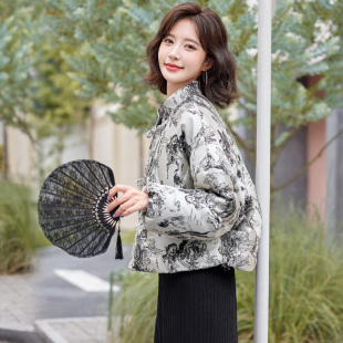 宽松设计感小个子轻薄短外套 新款 中式 国风水墨画羽绒服女2026冬季