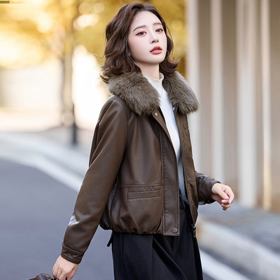 咖色可拆卸毛领加绒加厚皮衣