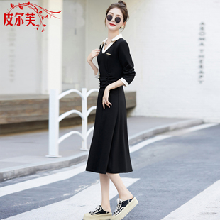 黑色长袖连衣裙高级感春秋季2024新款收腰显瘦气质中长款裙子女装