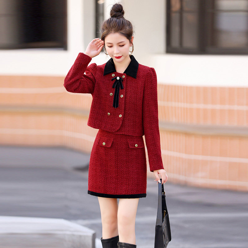 小香风毛呢连衣裙搭配一整套装女2024秋冬新款红色订婚礼服两件套,女装/女士精品,时尚套装,淘宝优惠券,粉丝福利购,淘宝优惠卷