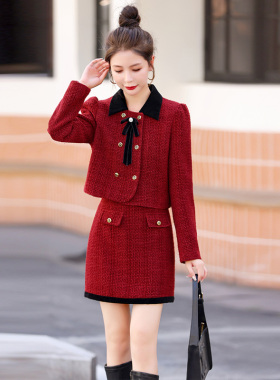 小香风毛呢连衣裙搭配一整套装女2026秋冬新款红色订婚礼服两件套