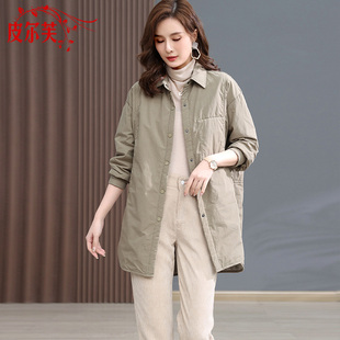 休闲宽松夹棉加厚外衣薄款 2026秋冬新款 棉服外套 女中长款 文艺衬衫