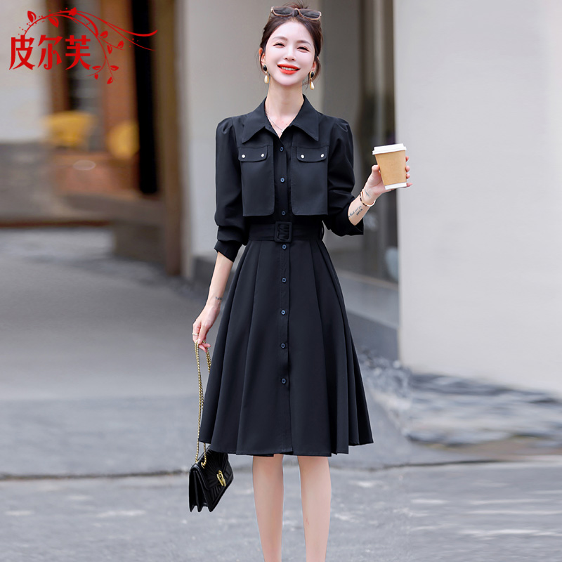 长袖连衣裙2024秋装新款小个子气质女神范高级感假两件收腰衬衫裙