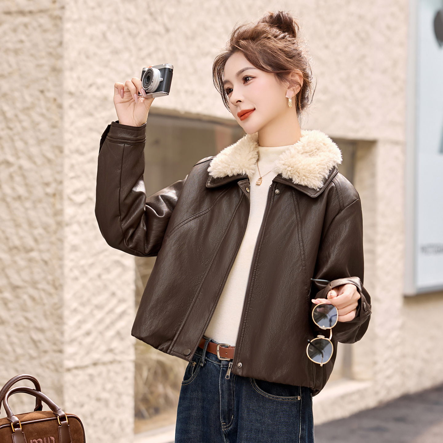 加绒加厚PU皮衣棉服女