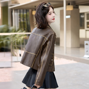 小个子红咖色皮衣女款2026新款春秋季休闲高级感短款外套pu皮夹克
