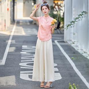 中式国风旗袍搭配整套装女夏季新款时髦复古盘口衬衫阔腿裤两件套