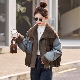 牛仔拼接短款羽绒服女2025冬季新款加厚保暖翻领白鸭绒小个子外套