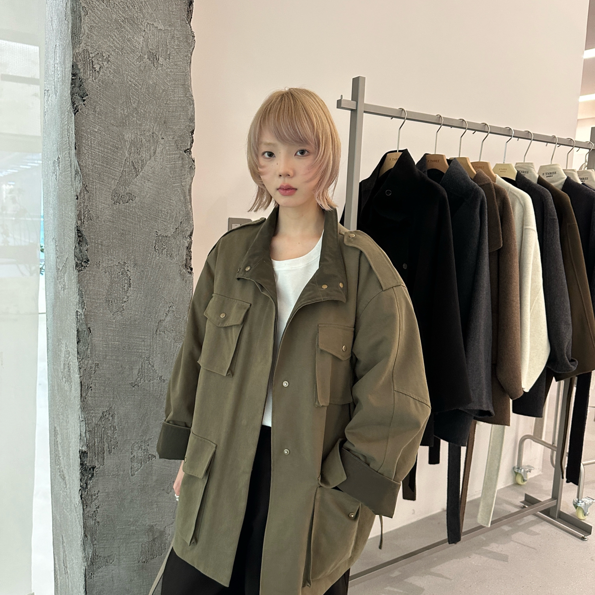 F.THREE三姐妹-冬上新复古洗水工装口袋夹棉加厚棉服16301