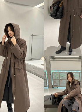 F.THREE三姐妹-绒棉服冬季长款抽绳外套风衣(配可拆卸帽子)98123a