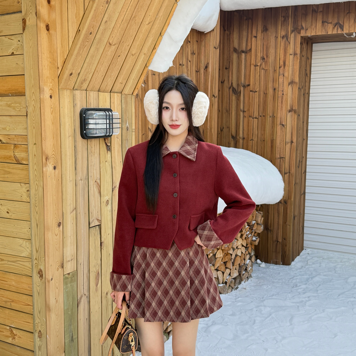 VICTORY.2-圣诞新年套装夹棉拼接格子短外套+格子半身裙套装L242