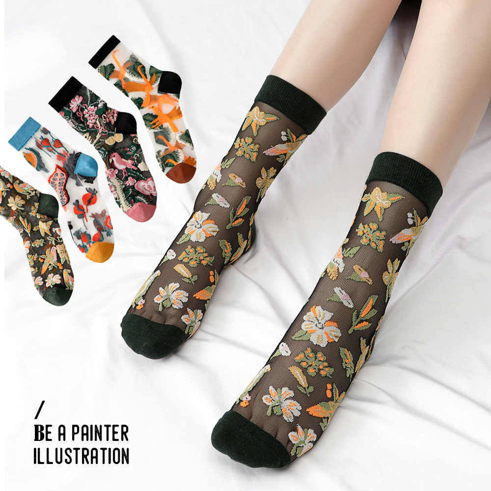 艺术风女士甜美玻璃丝透明中高筒水晶丝袜外贸文艺花卉卡丝袜透气