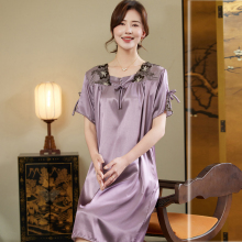 2025新款凉爽冰丝短袖睡裙女款夏季仿真丝绸中年人妈妈高级感睡衣
