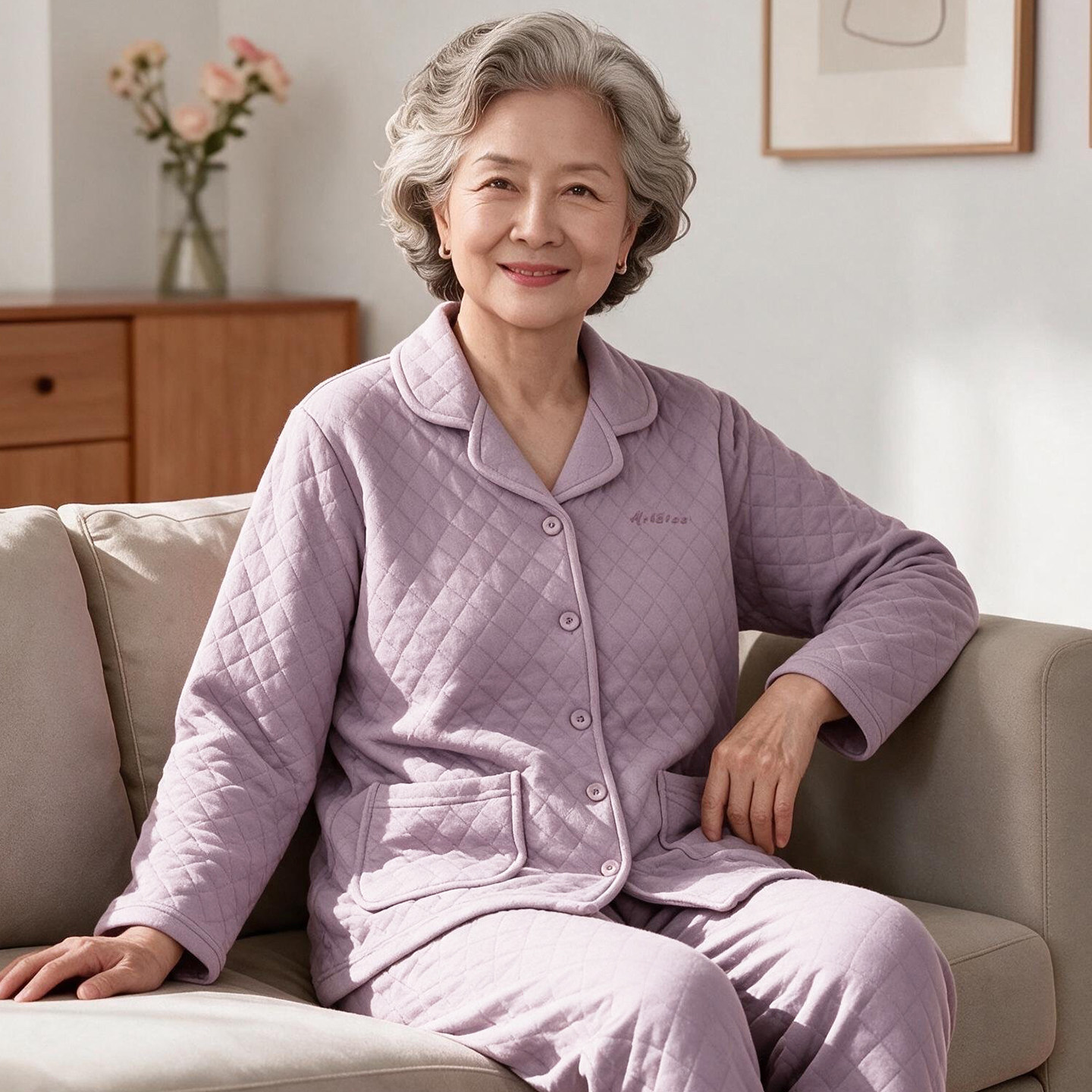 中老年人妈妈睡衣女款秋冬季长袖纯棉夹棉空气棉老人奶奶冬天套装