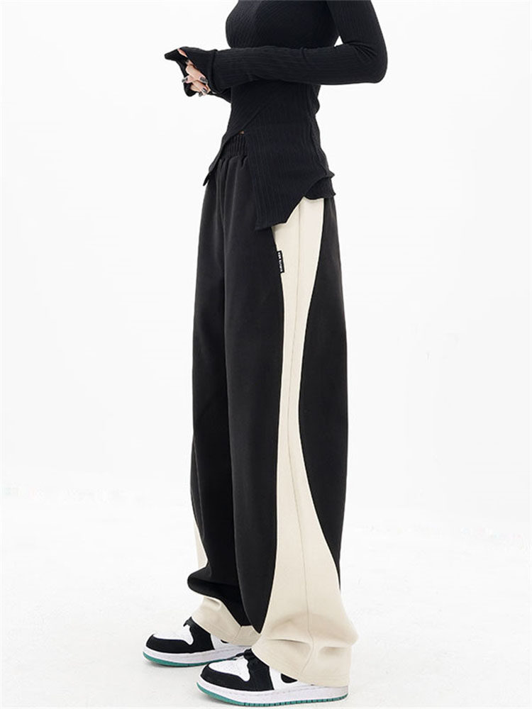 MK HIGH-QUALITY CONTRASTING STITCHING DRAPE WIDE-LEG PANTS WOMENS AUTUMN AND WINTER HIGH-WAISTED SLIMMING DESIGN CASUAL WOOLEN SWEATPANTS