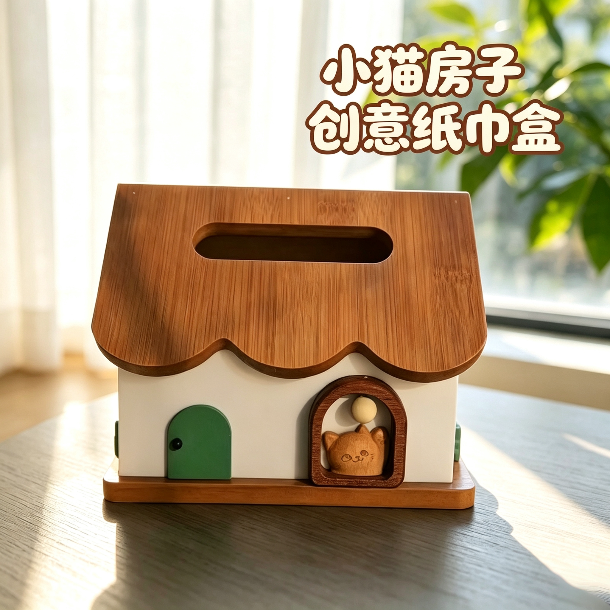 中古风高级卡通创意儿童房装饰客厅茶几纸巾盒小猫房子抽纸盒摆件