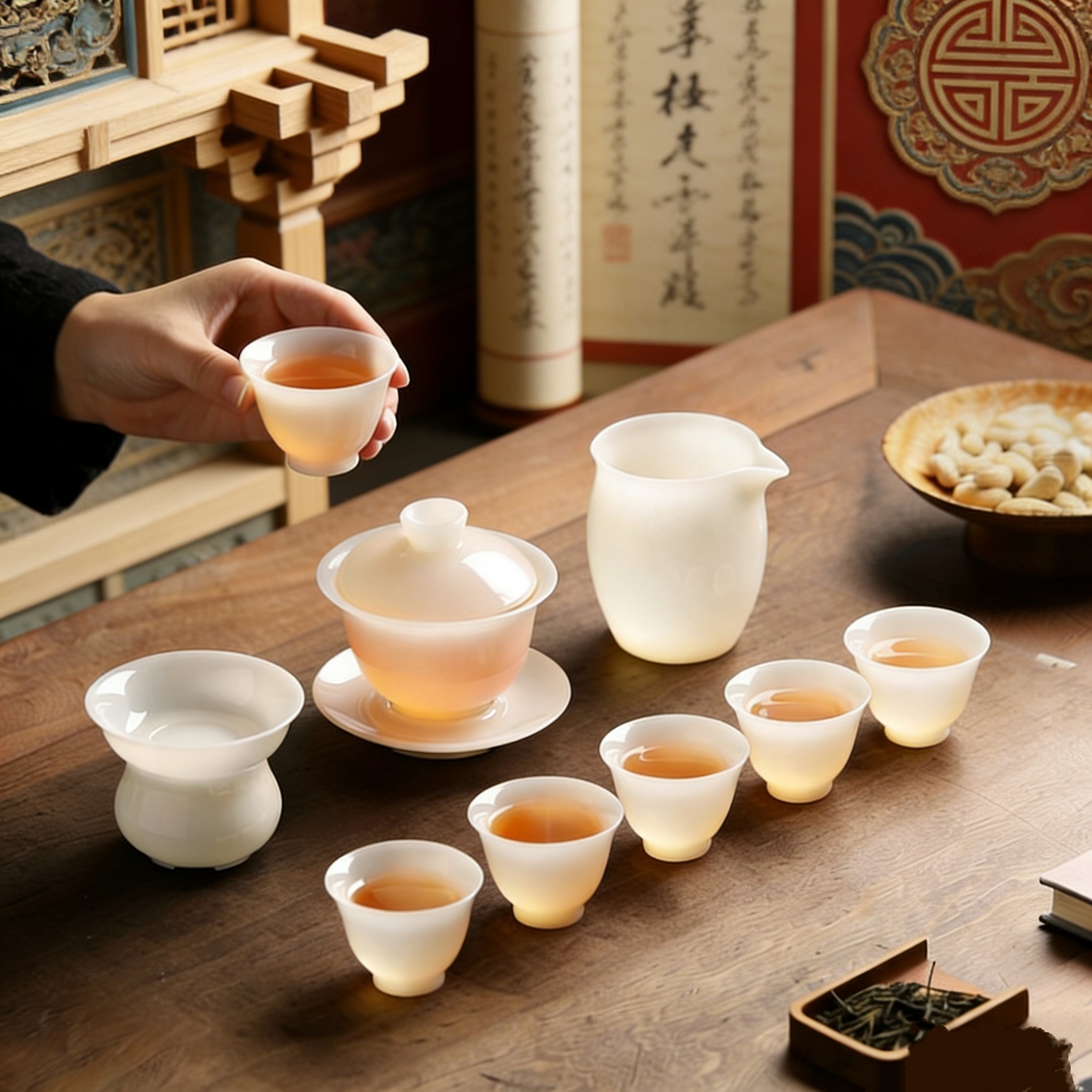 璞玉盖碗茶具套装非遗工艺玉瓷功夫泡茶杯客厅轻奢待客送礼盒定制