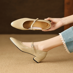 羊皮/3cm法式复古尖头小皮鞋粗跟百搭新款中跟真皮一字带单鞋女春