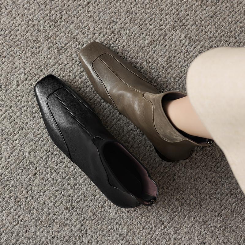 3cm[34-41码]羊皮靴子粗跟短靴女新款秋冬季加绒灰色方头真皮靴子