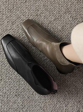 3cm[34-41码]羊皮靴子粗跟短靴女新款秋冬季加绒灰色方头真皮靴子