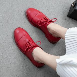 茵菲简黄色软皮小皮鞋女英伦风系带圆头复古红色真皮单鞋女平底鞋