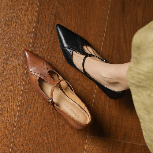 羊皮尖头细跟7cm不掉跟单鞋