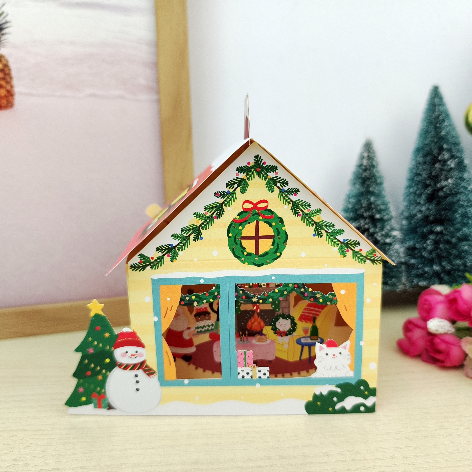 韩式可爱猫咪屋圣诞立体贺卡