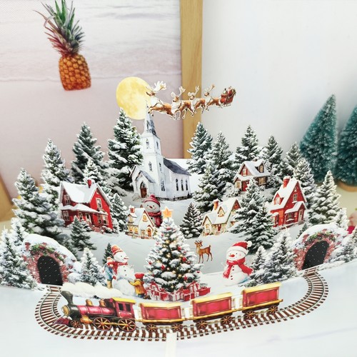 欧美创意场景圣诞节3D立体贺卡圣诞小火车雪人平安夜森林祝福卡片