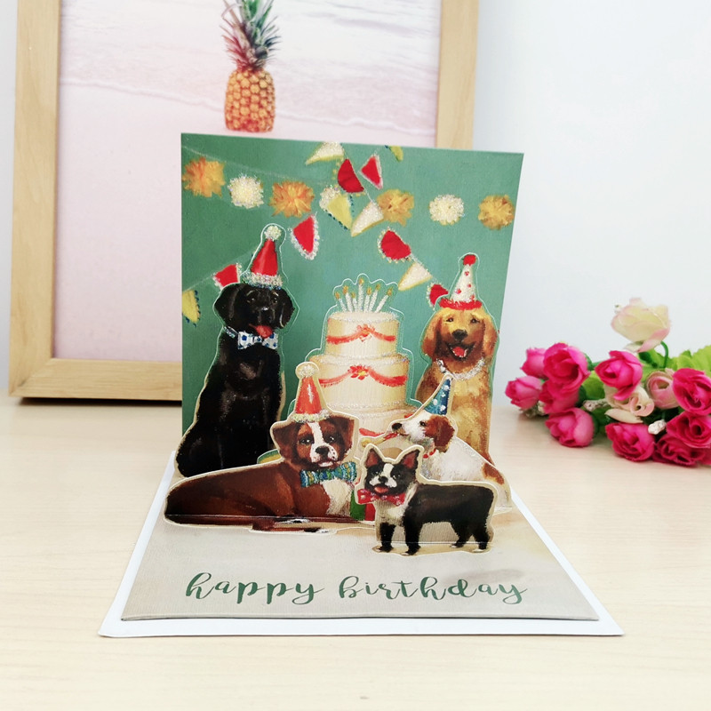 欧美创意动物祝福立体生日蛋糕卡片萌宠物小狗集合庆生3D趣味贺卡