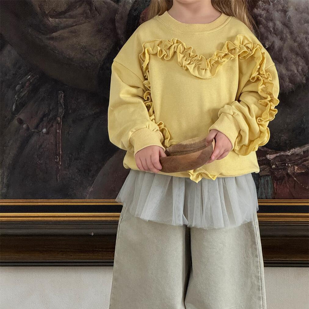 韩系童装2025春夏新款女童卫衣黄色圆领木耳边设计感上衣