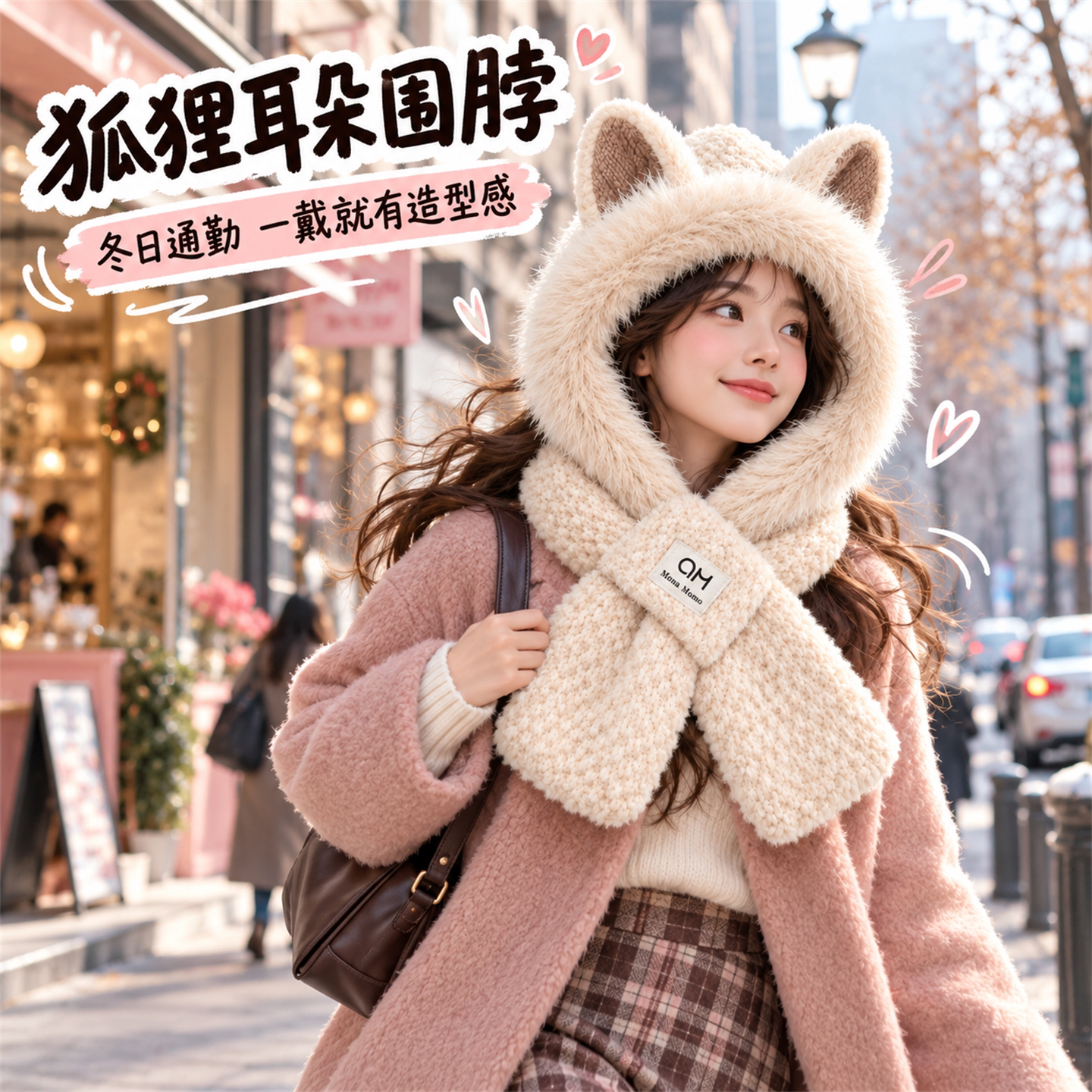 狐狸帽子围巾一体女秋冬骑车加绒保暖护耳毛绒防寒帽韩版甜美可爱