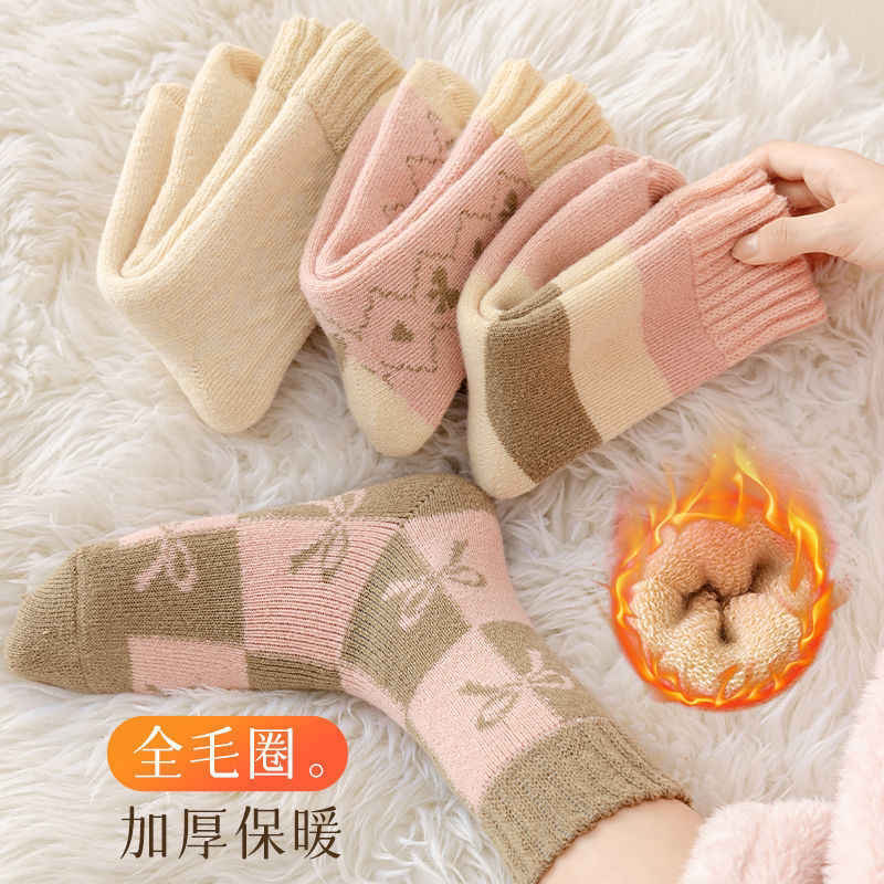 加绒厚袜子秋冬款加厚女毛圈潮款高筒纯色保暖拼接冬天长袜中筒袜