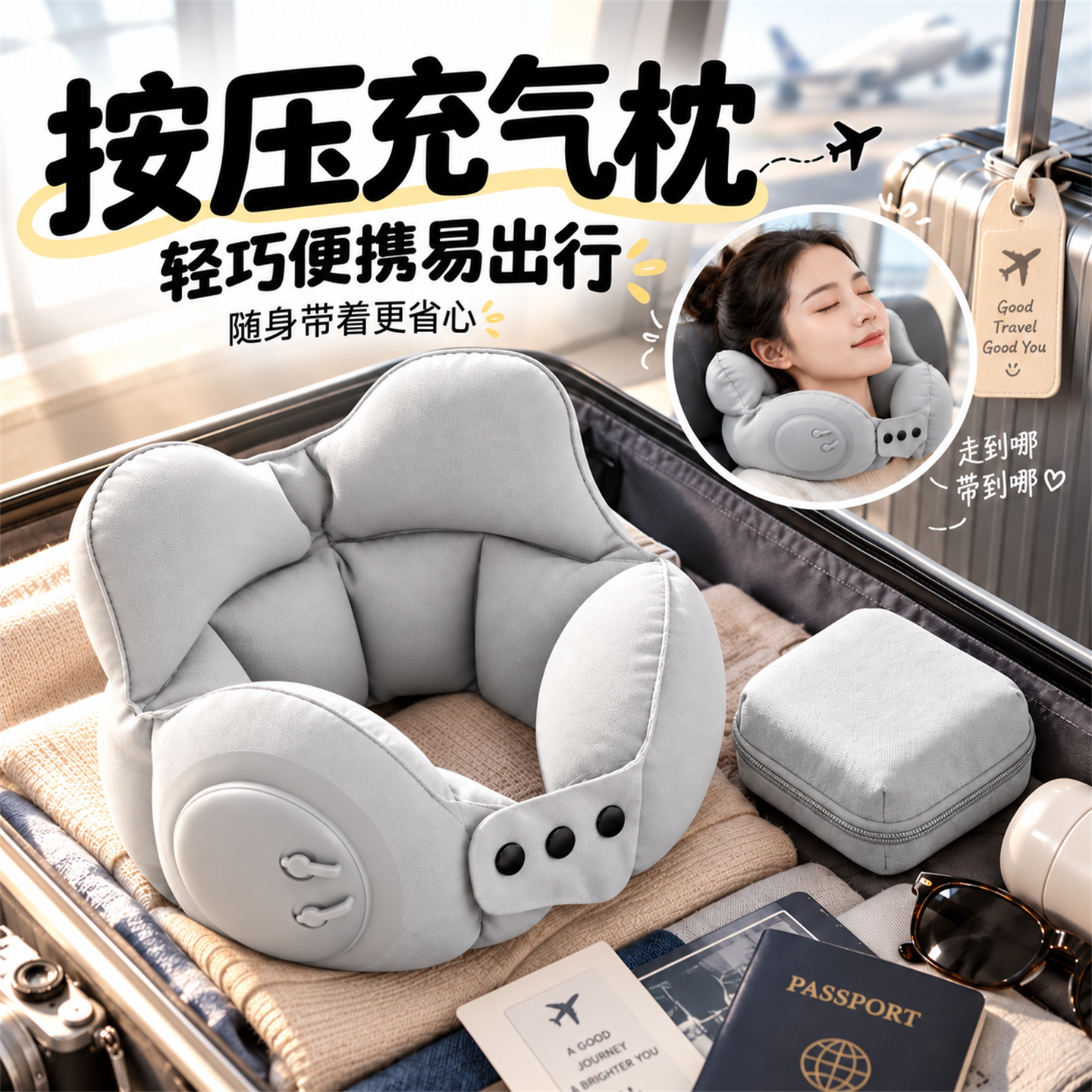 皇冠充气U型枕旅行便携颈枕长途飞机高铁睡觉神器靠枕不歪脖护颈