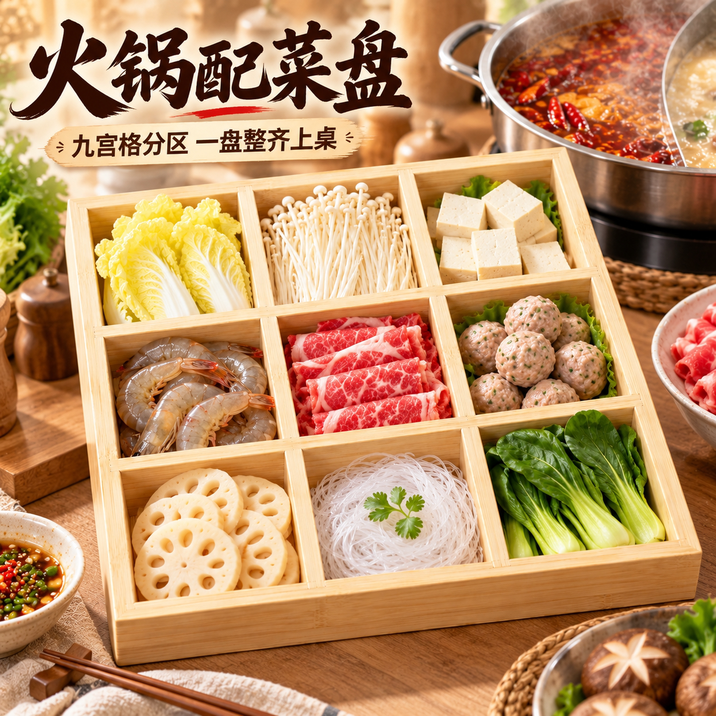 九宫格托盘餐具火锅配菜盘拼盘竹木盘围炉煮茶点心盒干果盘木质盘