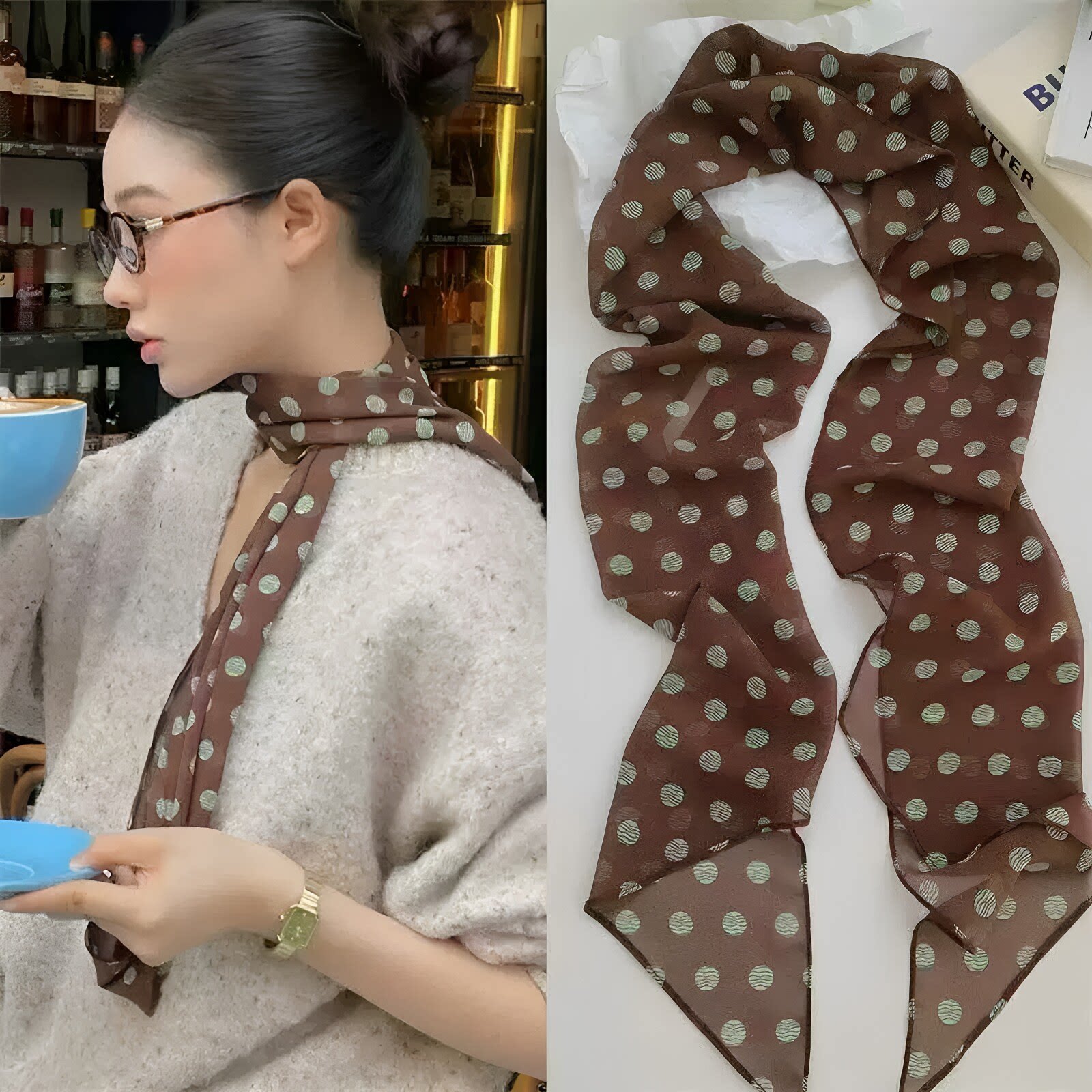棕色波点丝巾印花高级百搭配饰系脖女2026年新款发带绑发长条围巾