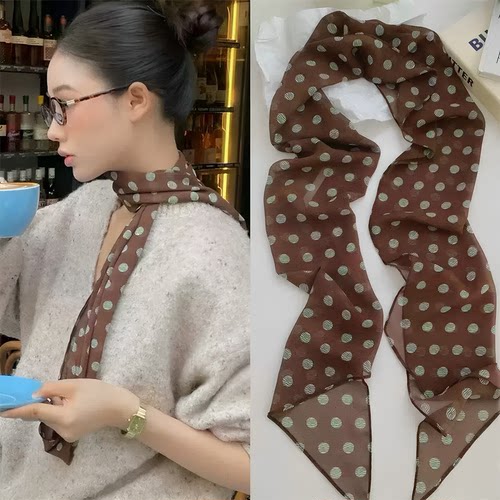 棕色波点丝巾印花高级百搭配饰系脖女2026年新款发带绑发长条围巾