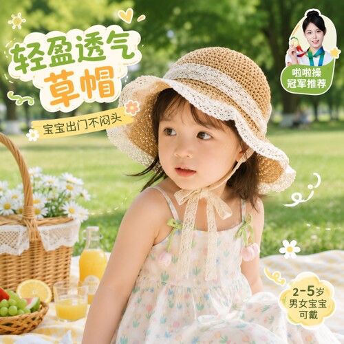 儿童帽子女童草帽夏季女孩2026女宝渔夫防晒帽宝宝海边沙滩遮阳帽