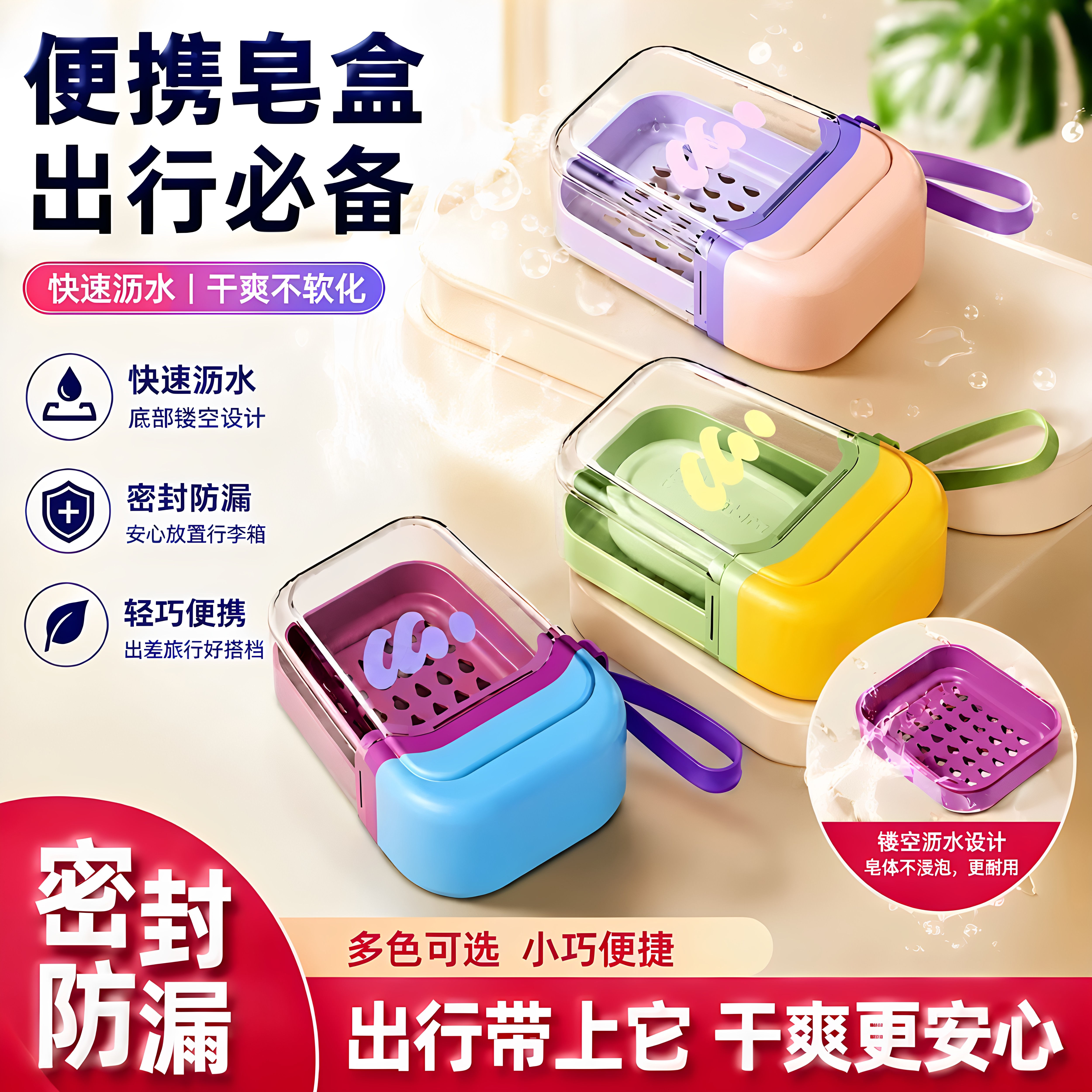 密封沥水带盖香皂盒子透明轻奢