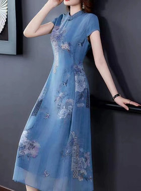 夏季新款中年女装旗袍改良版2024妈妈装雪纺连衣裙气质潮女装