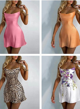 外贸女装夏季新款 亚马逊爆款 纯色低胸露背性感吊带连衣裙女