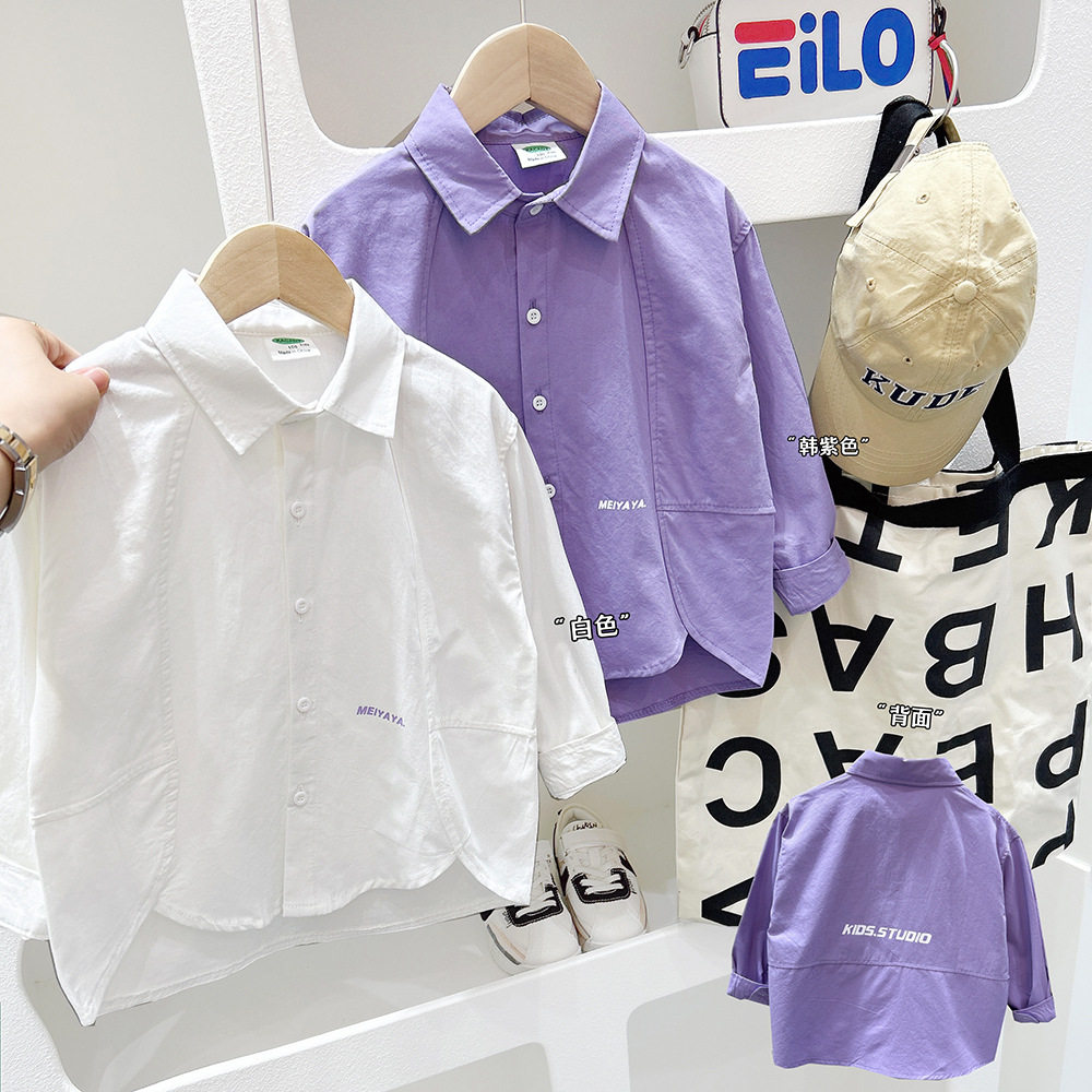 儿童长袖衬衫春秋装男童翻领纯色字开衫2026新款中大童宽松衬衣