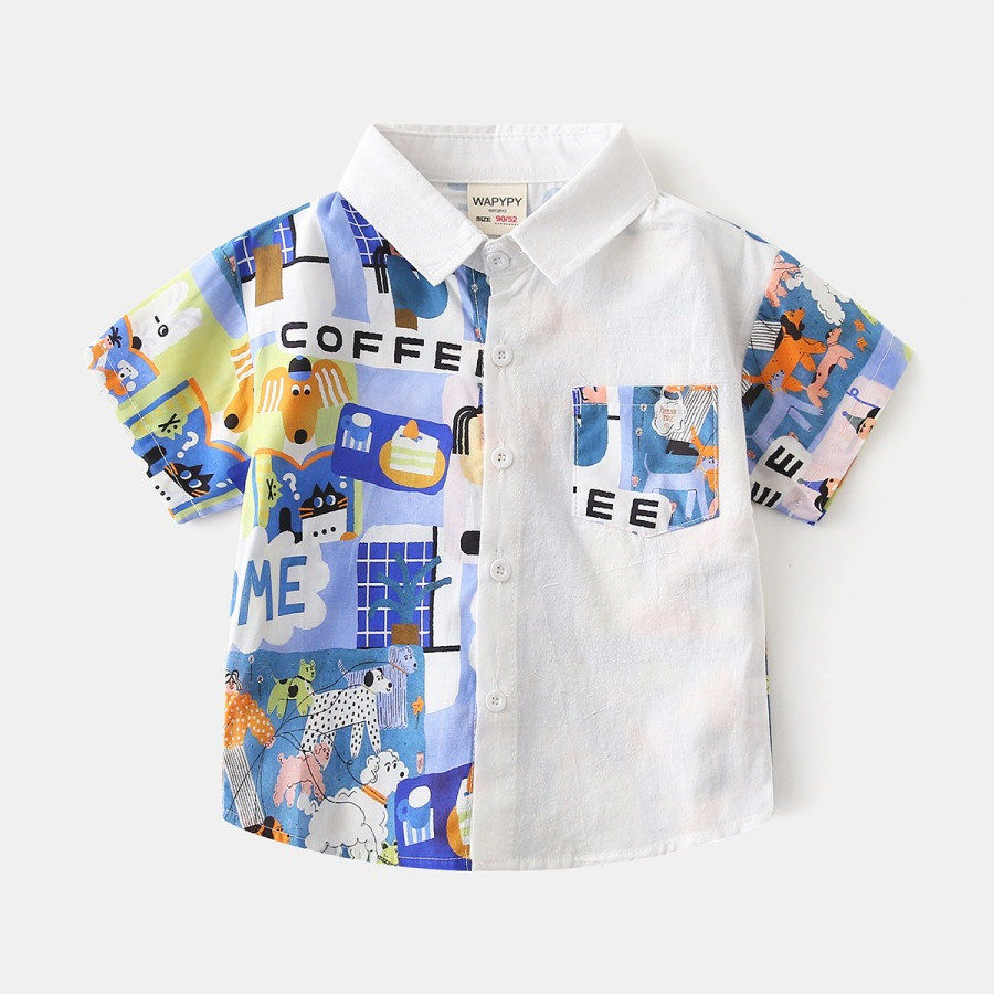 男童短袖衬衫2026年新款夏季儿童纯棉薄款卡通印花拼接洋气衬衣潮