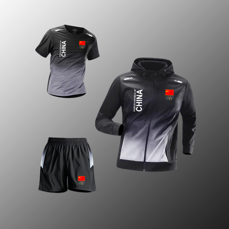 国家队跑步运动套装男女夏季速干t恤中国健身馆瑜伽训练服三件套
