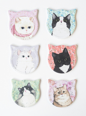 半村 日式可爱复古卡通猫咪吸水杯垫 硅藻泥陶瓷隔热垫防烫茶杯垫