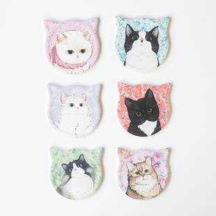 半村 日式可爱复古卡通猫咪吸水杯垫 硅藻泥陶瓷隔热垫防烫茶杯垫