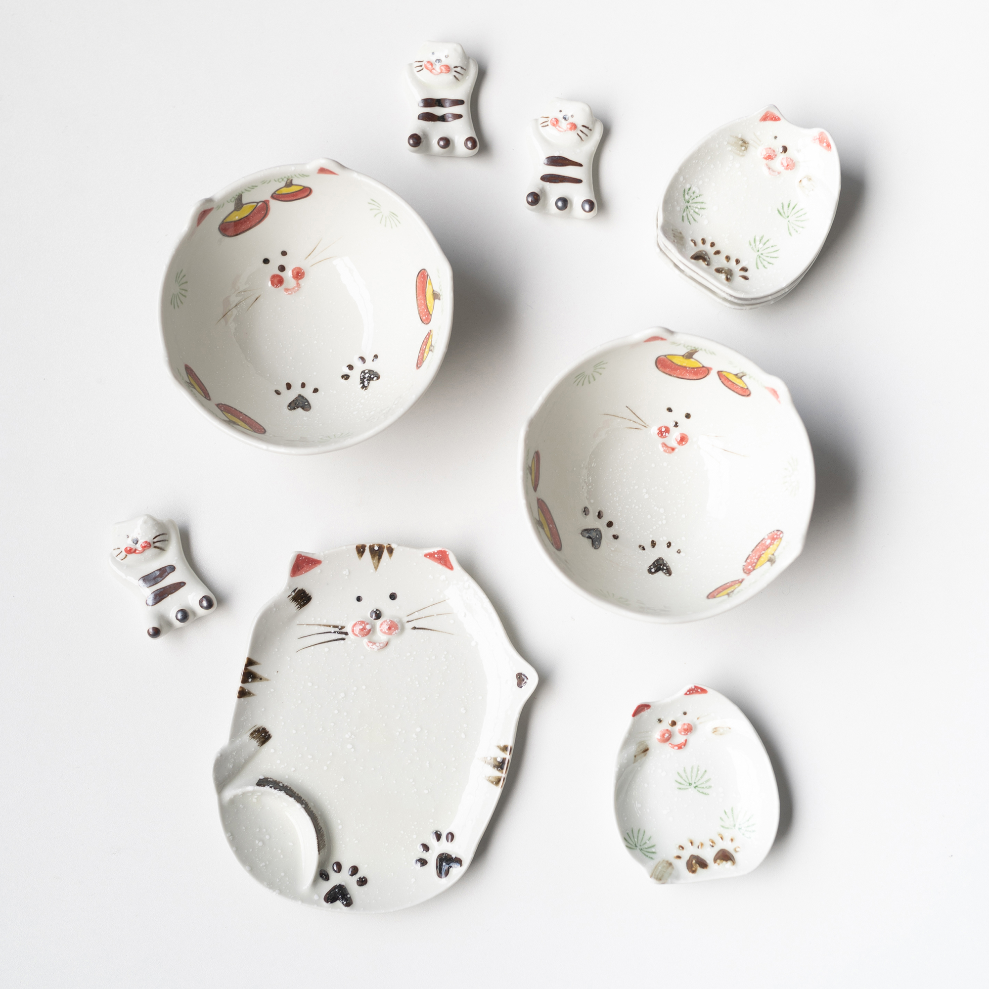 半村 出口原单 日式猫咪餐具 陶瓷釉下彩雪花釉复古盘筷架味碟碗