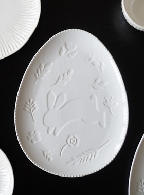半村 外贸出口中古风浮雕兔子蛋形盘早餐盘 日式简约珠点边沙拉盘