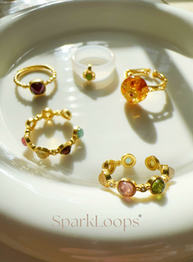 SparkLoops 24K金天然宝石戒指 天然碧玺/花珀/石榴石/玉髓碧玉