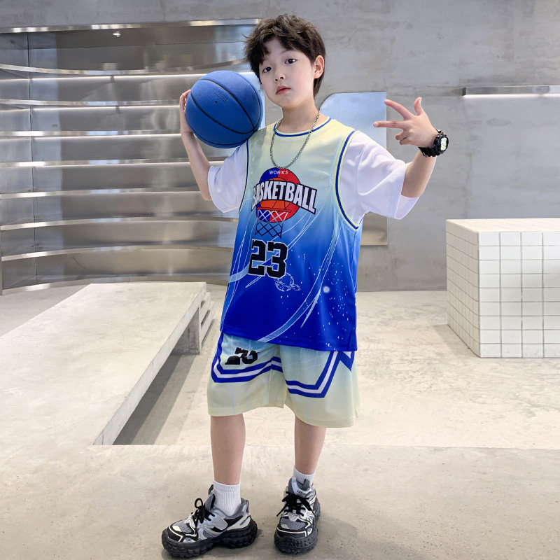男童新款运动套装夏季中大童休闲篮球服学生训练服男孩帅气蓝球衣